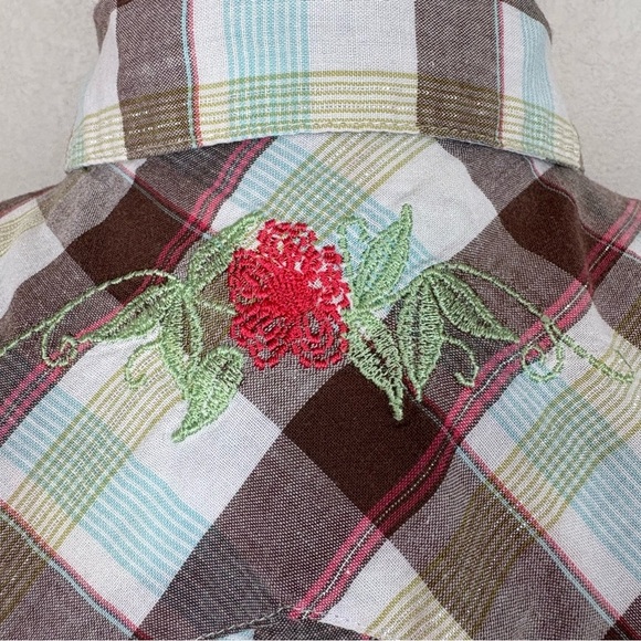 Shyanne Cotton Western Snap Front Brown Plaid Shirt Sz L Floral Embroidery Rodeo - Picture 11 of 17